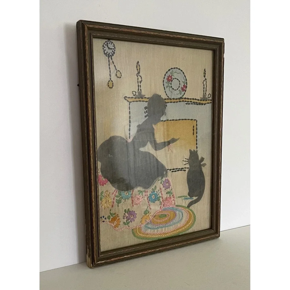 Vintage Hand Embroidered Silhouette Victorian Women Cat Framed Wall Folk Art 20t